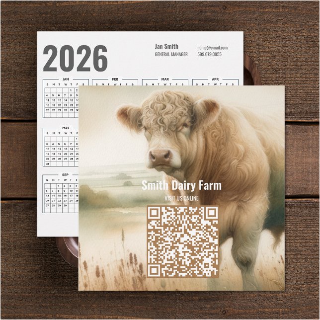 Tarjeta de presentación del calendario 2026 con có (Cow QR Code 2026 Calendar Business Card (front and back))