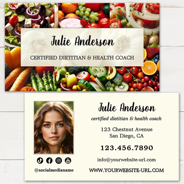 Tarjeta de presentación del Encargado de Salud de  (Professional dietitian business card featuring a colorful array of fresh vegetables and fruits)