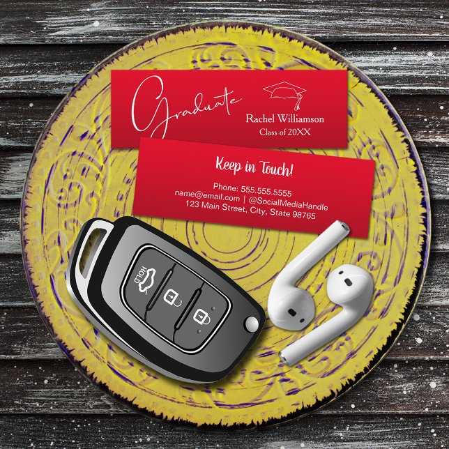 Tarjeta De Presentación Detalles de la clase de nombre de graduación Rojo (Small red Graduation Calling Cards are 3" x 1", hand out to friends keep in touch)