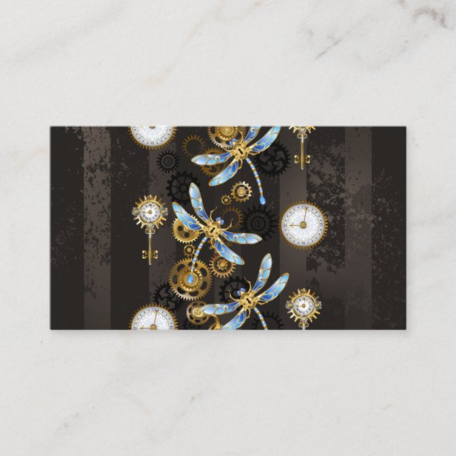 Tarjeta De Presentación Dragoniscos de Steampunk sobre fondo rayado marrón (Anverso)