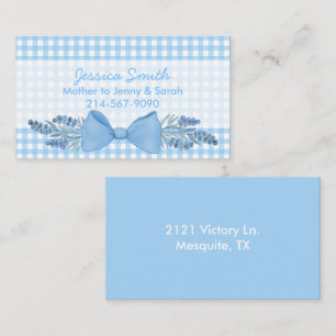 Tarjeta De Presentación Dulce Gingham azul con flores y mami de vaca