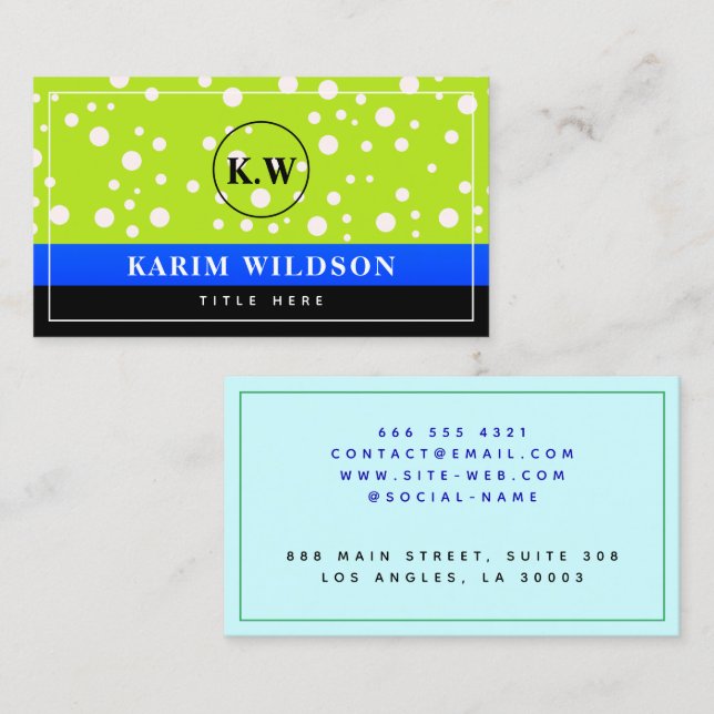 Tarjeta De Presentación Elegante Monograma Verde Azul Negro Inicial (Anverso / Reverso)