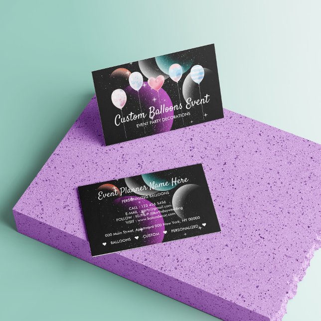Tarjeta De Presentación Fiesta de eventos de color negro brillante Planner (Black Bright Event Party Planner Decor Balloons Calling Card)