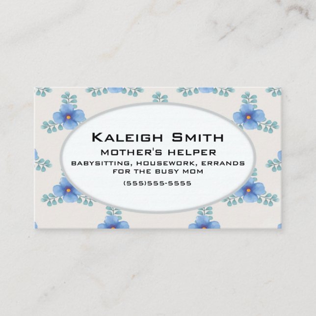 Tarjeta De Presentación Floral azul en la ayuda de una madre blanca (Anverso)