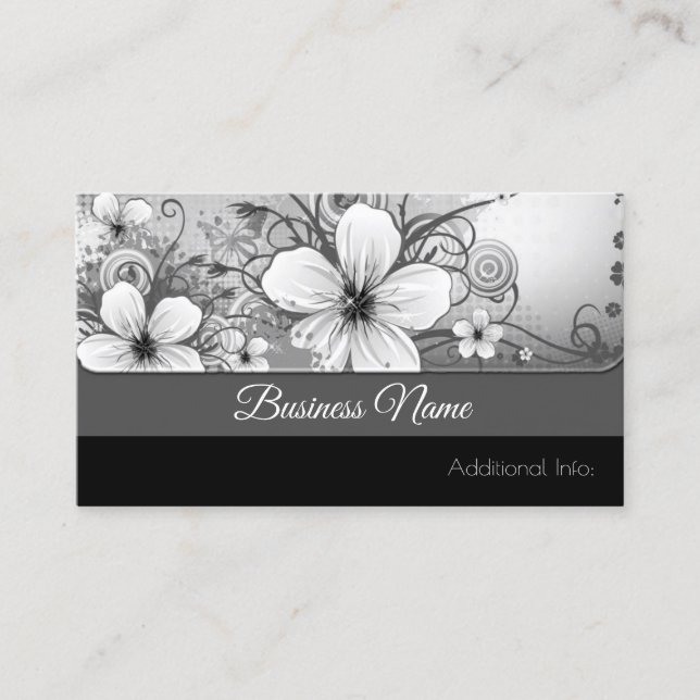 Tarjeta de presentación floral blanca y negra (Anverso)