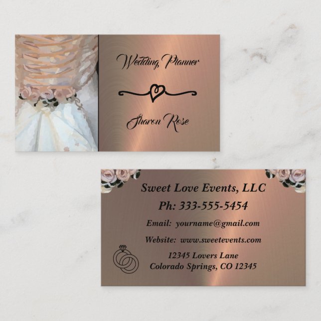 Tarjeta de presentación Floral & Copper Wedding Pl (Anverso / Reverso)