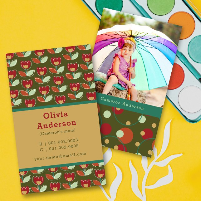 Tarjeta De Presentación Foto de Mamá con Patrón de Flores de Tulipán Retro (Subido por el creador)