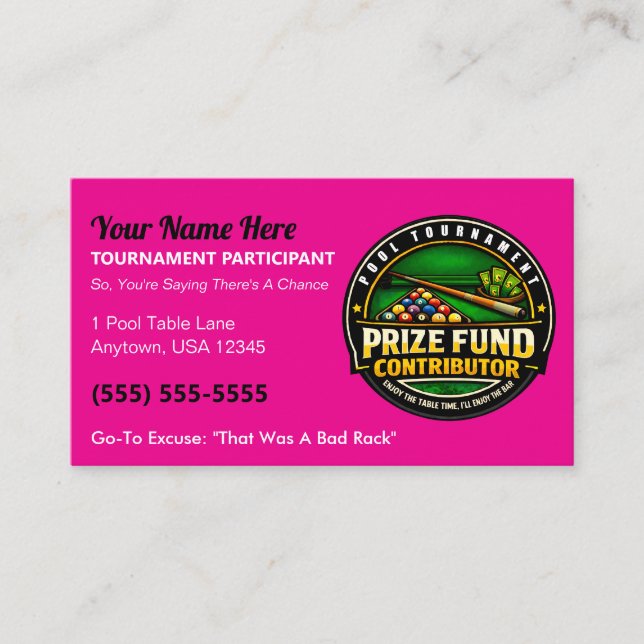 Tarjeta De Presentación Funny Pool Tournament Prize Fund Contributor Gag (Anverso)