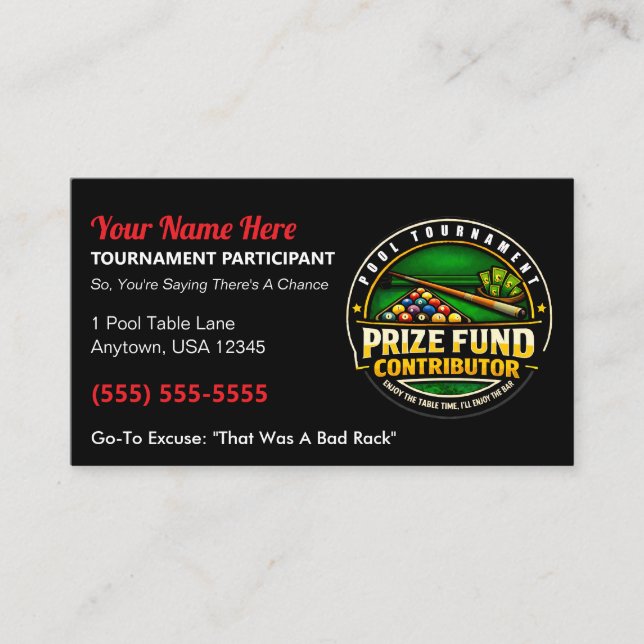 Tarjeta De Presentación Funny Pool Tournament Prize Fund Contributor Gag (Anverso)