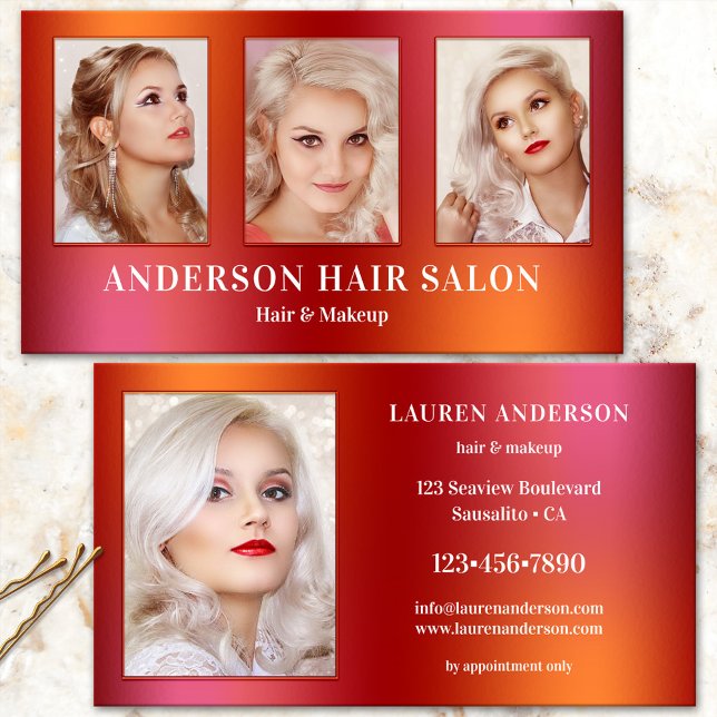 Tarjeta de presentación Glam Hair Beauty (Glam colorful photo business card for a beauty professional, hair stylist, makeup or nail salon)