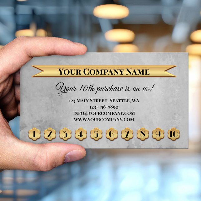 Tarjeta de presentación Gold Gray Loyalty Punch Ca (Professional grey artistic loyalty business card with gold metallic punch numbers - customer reward)