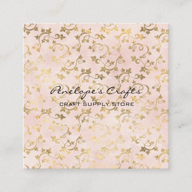 Tarjeta de presentación Gold Ivy Print Pink Square (Anverso)