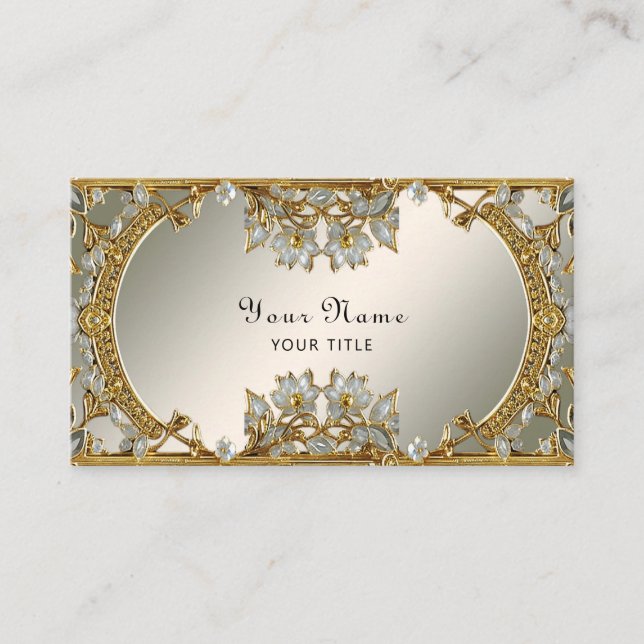 Tarjeta de presentación Gold Ornate White Floral (Anverso)