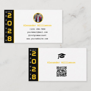 Tarjeta De Presentación Graduación Código QR Moderno Amarillo Negro Gradua