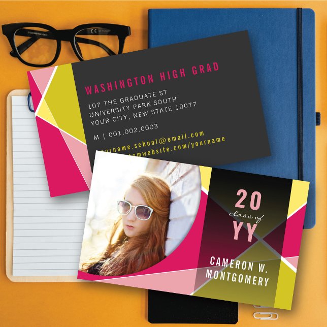Tarjeta De Presentación Graduado de fotografía de mod de líneas geométrica (Fuchsia Stylish Geometric Criss Cross Photo Graduation Calling/Name Card @ zazzle.com/color_therapy)