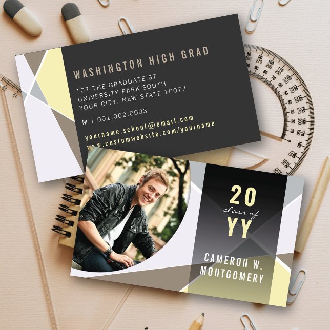 Tarjeta De Presentación Graduado de fotos de líneas geométricas neutro y e (Neutral Stylish Geometric Criss Cross Photo Graduation Calling/Name Card @ zazzle.com/color_therapy)