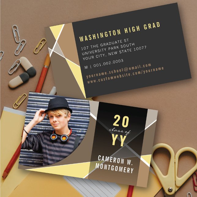 Tarjeta De Presentación Graduado de fotos de mod de líneas geométricas tan (Tan Stylish Geometric Criss Cross Photo Graduation Calling / Name Card @ zazzle.com/color_therapy)