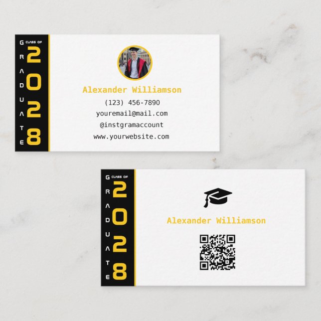 Tarjeta De Presentación Graduation Yellow Black QR Code Modern Graduation (Anverso / Reverso)