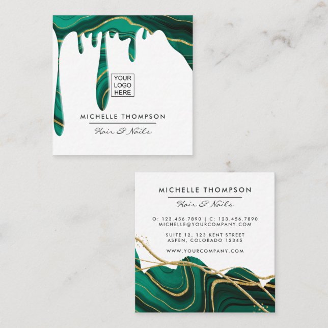 Tarjeta de presentación Green and Gold Agate Dripp (Anverso / Reverso)