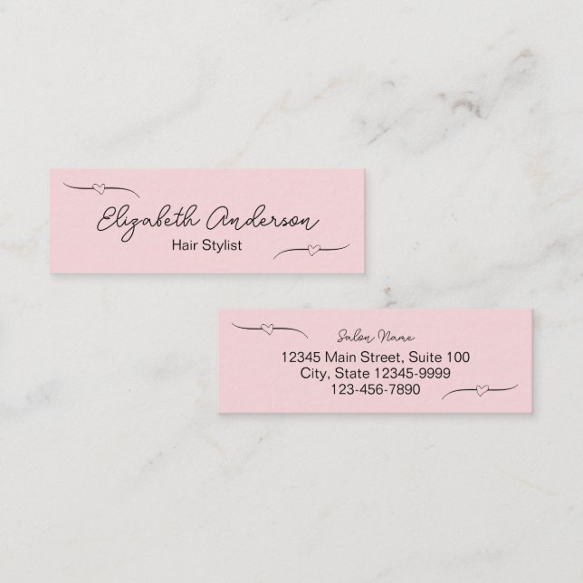 Tarjeta De Presentación Guión manuscrito rosado y negro de estilo hair (Anverso / Reverso)