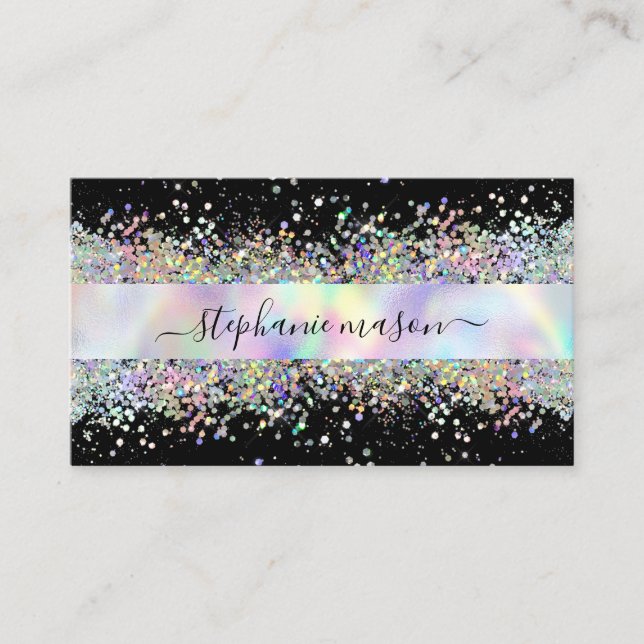 Tarjeta De Presentación Holográfico Purpurina Salón de belleza Negro (Anverso)