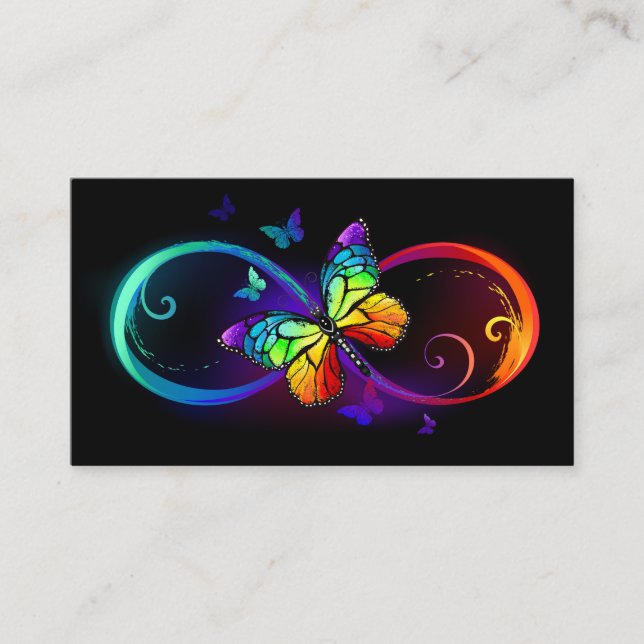 Tarjeta De Presentación Infinito vibrante con mariposa arco iris sobre neg (Anverso)