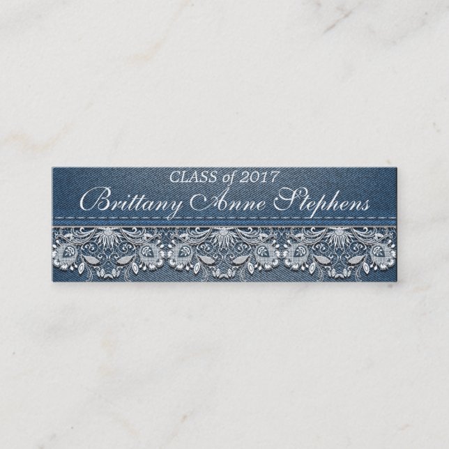 Tarjeta De Presentación Inserción de graduación de encaje blanco y denim (Anverso)