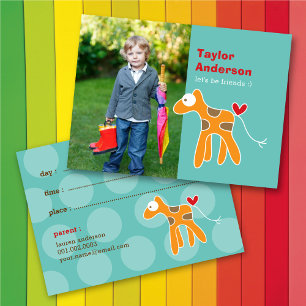 Tarjeta De Presentación Jirafa Naranja Adorable Sobre Foto Turquesa Fecha