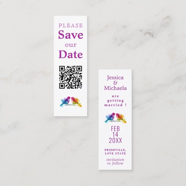 Tarjeta De Presentación LGBTQ+ con código QR Rainbow Lovebirds (Anverso / Reverso)