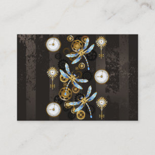 Tarjeta De Presentación Libélulas Steampunk sobre fondo marrón rayado