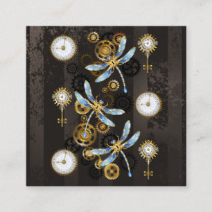 Tarjeta De Presentación Libélulas Steampunk sobre fondo rayado marrón
