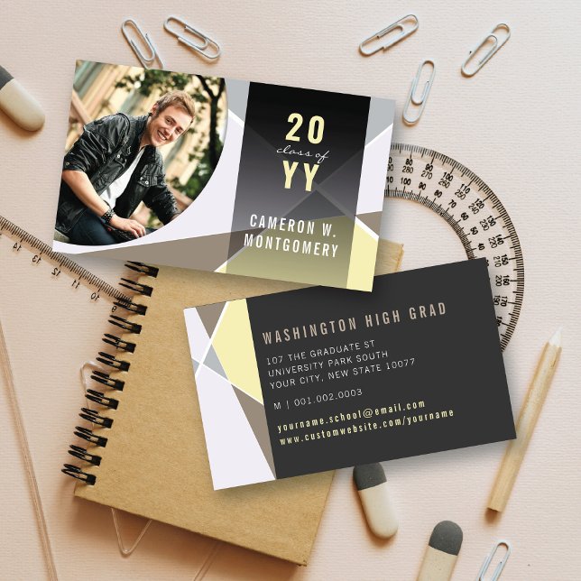 Tarjeta De Presentación Líneas geométricas estilizadas contacto de foto de (Stylish Geo Criss Cross Graduation Photo Contact Calling Card @ www.zazzle.com/color_therapy)