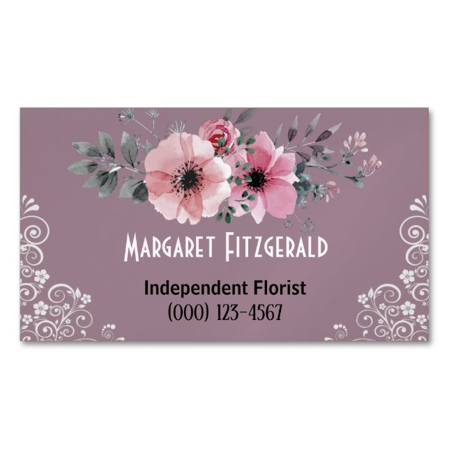 Tarjeta de presentación magnética florista rosa y  (Anverso)