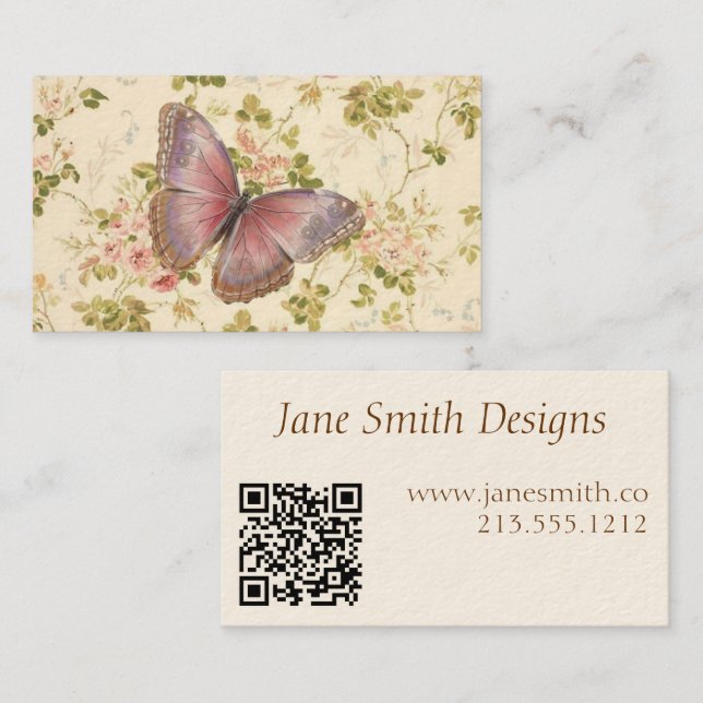 Tarjeta De Presentación Mariposa y Vinas Shabby Chic Código QR (Anverso / Reverso)