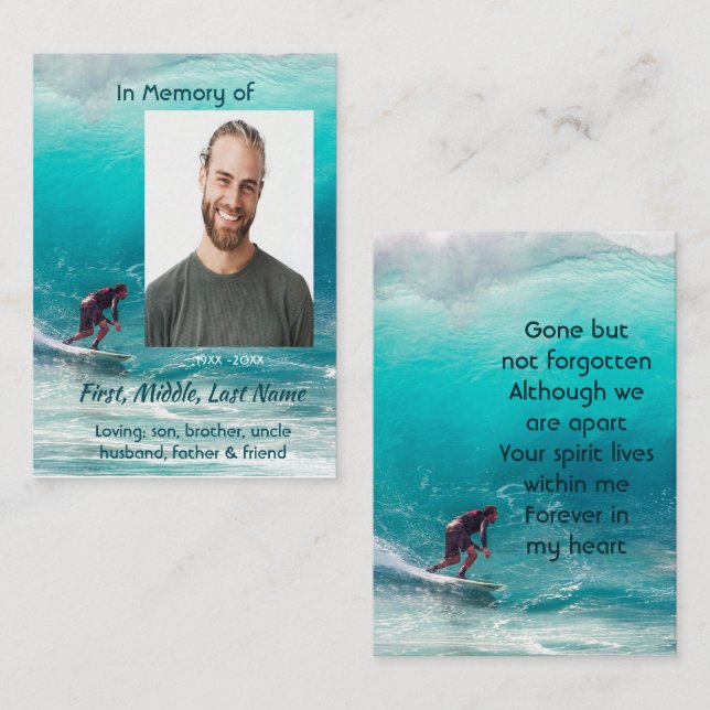 Tarjeta De Presentación Memorial  Service Wave Surfer Water (Anverso / Reverso)