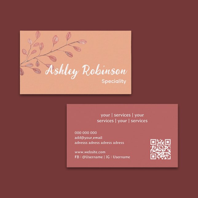 Tarjeta de presentación mínima de código QR rosa d (Minimal QR code rose terracotta leaf Business Card)