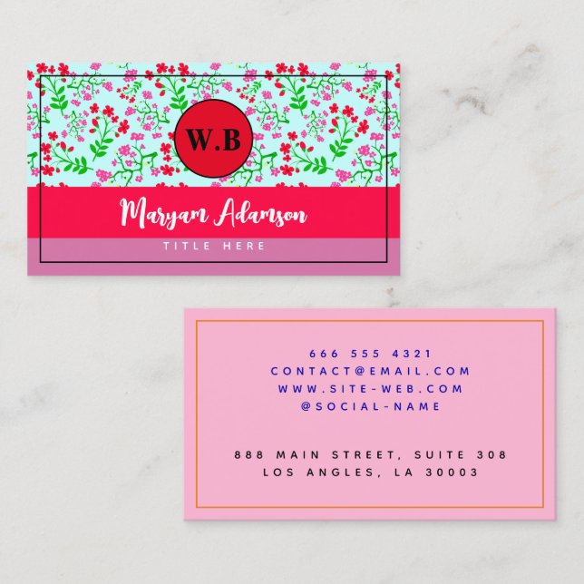 Tarjeta De Presentación Monograma floral rosa personalizado (Anverso / Reverso)