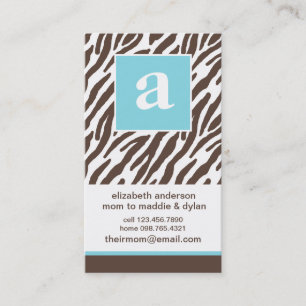 Tarjeta De Presentación Monograma y estampado de zebra azules