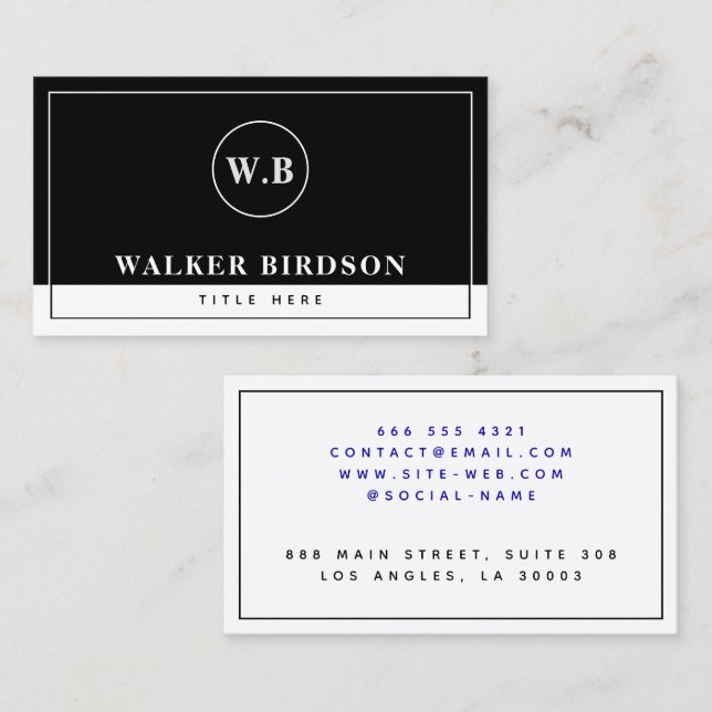Tarjeta De Presentación Monogramado moderno en blanco y negro (Anverso / Reverso)