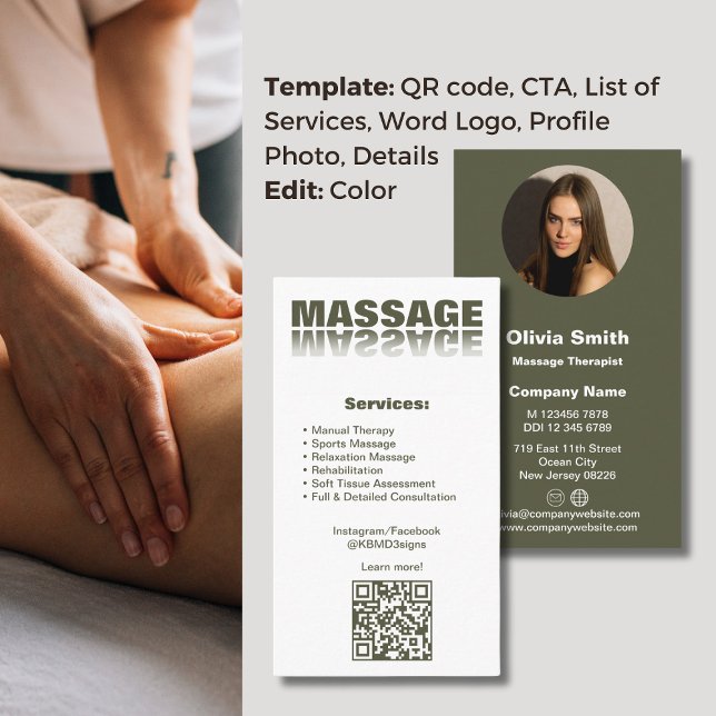 Tarjeta de presentación Moss Green Massage Therapi (Moss Green Massage Therapist Business Card, Word Logo, Service List, CTA, QR code< Profile Photo)