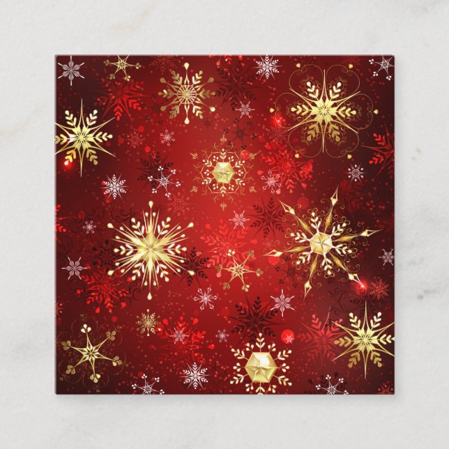 Tarjeta De Presentación Navidades Copos de nieve dorados con fondo rojo (Anverso)