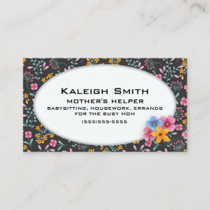 Tarjeta De Presentación Negro con ayudante de madre floral rosa y amarillo