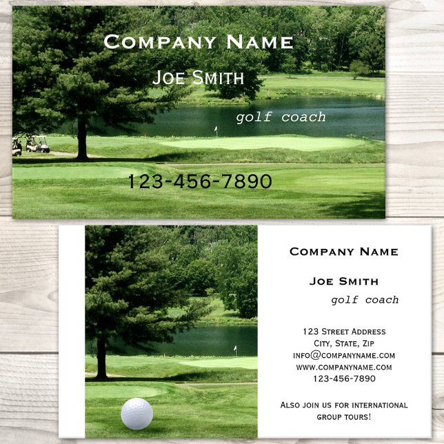 Tarjeta de presentación para entrenador de golf o  (A lush green golf business card for a golf coach, instructor or trainer.)