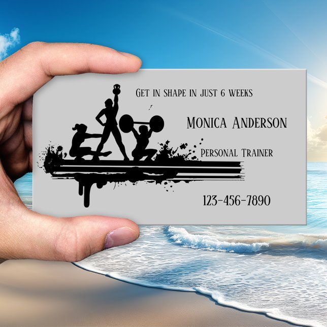 Tarjeta de presentación para entrenamiento persona (Business card featuring a silhouette of weight training on simple grey - fitness - coach - sports)