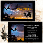 Tarjeta de presentación para Fiesta de disfraces d<br><div class="desc">Tarjeta de negocios de Halloween con un lindo ilustracion de un gato, una bruja y una lechuza en un árbol bajo una luna llena. Esta tarjeta de visita puede ser utilizada como un boleto para una fiesta de Halloween o una invitación para un fiesta así como para otros usos relacionados...</div>