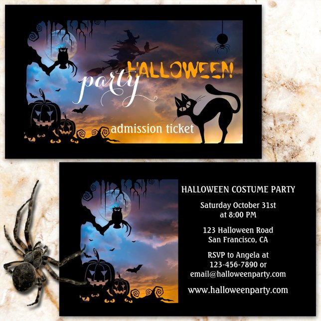 Tarjeta de presentación para Fiesta de disfraces d (Cute Halloween business card featuring a cat, a witch and owl in a tree at full moon - party ticket)