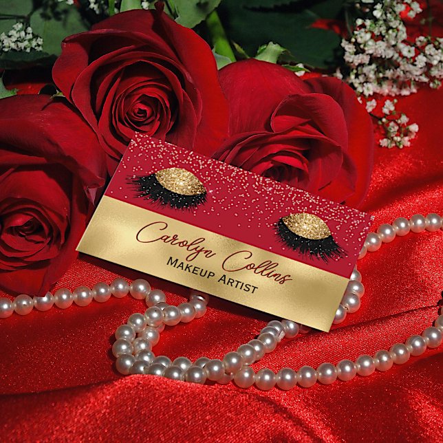 Tarjeta de presentación para maquillaje rojo y dor (Subido por el creador)