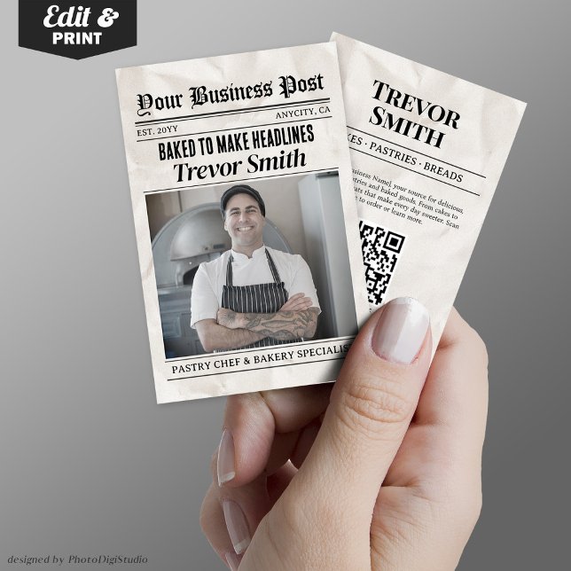 Tarjeta de presentación para periódicos, pastelero (Newspaper Business Card, Pastry Chef & Baker Calling Card)