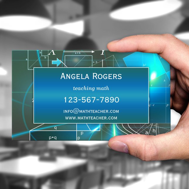 Tarjeta de presentación para profesores de ciencia (Business card for a teacher in mathematics or physics featuring a teal turquoise geometric design)