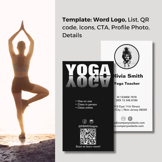 Tarjeta de presentación para profesores de yoga de (Strike a Pose Trendy Yoga Teacher Business Card, Word Logo, Service List, QR code, Photo)